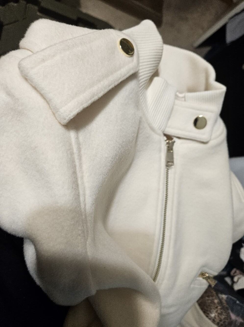 New. No Tag, Epaulette Bomber Jacket Cream with Gold Hardware, Brush Wool. - Picture 7 of 7